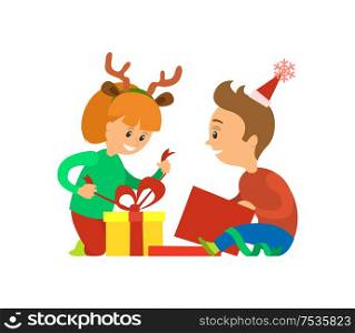 Christmas holidays, children opening presents vector. Girl wearing reindeer horns accessories removes ribbon package decorated bow. Gifts on winter. Christmas Holidays, Children Opening Presents