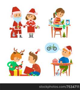 Christmas holidays, children unpacking presents vector. Handmade handicraft postcards of girl, boy writing letter to Santa Claus. Winter vacations. Christmas Holidays, Children Unpacking Presents