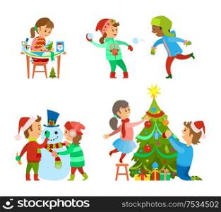 Christmas holidays, evergreen tree decoration vector. Children building snowman, girl making handmade presents. Kids playing snowball fight outdoors. Christmas Holidays Fun, Evergreen Tree Decoration
