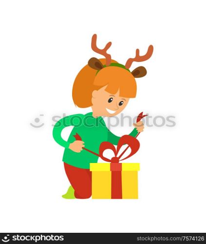 Christmas holidays, girl opening presents vector. Girl wearing reindeer horns accessories removes unpack gift box decorated bow. Package with surprise. Christmas Holidays, Girl Opening Presents Vector