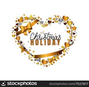 Christmas holidays inscription, lettering sign with happy winter days wishes. Doodle text, calligraphic letters written in heart shape golden frame. Christmas Holidays Inscription, Lettering Sign