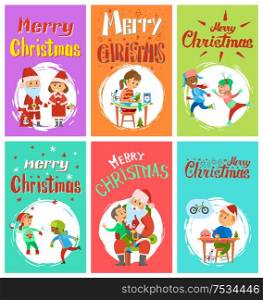 Christmas holidays, letter to Santa Claus, cartoon character Snow Maiden, kids playing snowballs, skating outdoors, child telling wishes vector in brush frame. New Year Holidays Merry Christmas Postcards Set