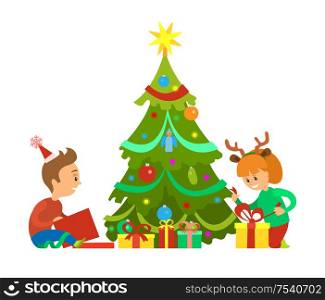 Christmas holidays, New Years eve children unpacking gifts vector. Decorated evergreen pine tree, boy and girl kids, happy with presents in boxes. Christmas Holidays, New Years Eve Unpacking Gifts