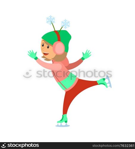 Christmas holidays of child girl figure skating hobby female kid vector. Character font in sports, wearing warm clothes and special boots with razor. Christmas Holidays of Child Girl Figure Skating