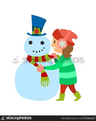 Christmas holidays of girl, winter vacations of kid vector. Snowman building, child putting scarf on character made of snow. Hat with mistletoe plant. Christmas Holidays of Girl Winter Vacations of Kid