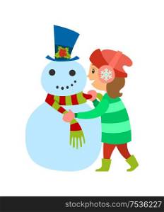 Christmas holidays of girl, winter vacations of kid vector. Snowman building, child putting scarf on character made of snow. Hat with mistletoe plant. Christmas Holidays of Girl Winter Vacations of Kid
