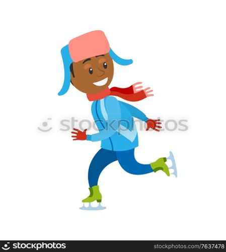Christmas holidays of kid having fun on ice rink. Winter vacations and hobby, sportive boy wearing warm clothes. Skating young figure skater. Vector illustration in flat cartoon style. Christmas Holidays of Kid Having Fun on Ice Rink