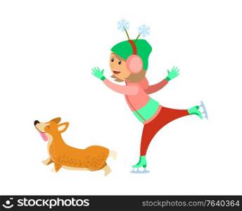 Christmas holidays of kid on ice skating rink vector. Girl kid wearing funny hat with reindeer horn, dog running by owner. Winter sports, childs hobby. Christmas Holidays of Kid on Ice Skating Rink