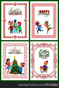 Christmas holidays preparation and celebration vector. Father and daughter family decorating pine tree, kids on rink, building snowman making wish. Christmas Holidays Preparation and Celebration