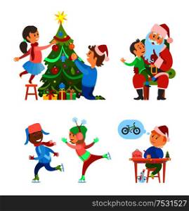 Christmas holidays preparation evergreen tree decoration vector. Father and daughter, Santa Claus with kid saying wishes. Skating child, dream letter. Christmas Holidays Preparation Tree Decoration