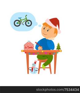 Christmas holidays preparation, letter to Santa Claus vector. Boy thinking of wish to make, kid writing mail dreaming of new bicycle. Child with pine. Christmas Holidays Preparation, Letter to Santa