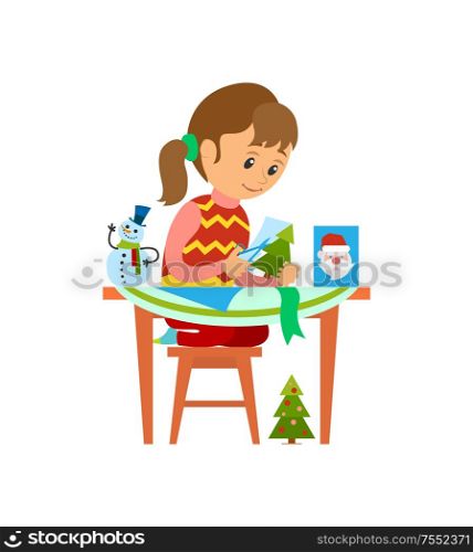 Christmas holidays preparation of girl with cards vector. Child making handmade greeting post, pine evergreen tree and Santa Claus image snowman print. Christmas Holidays Preparation of Girl with Card