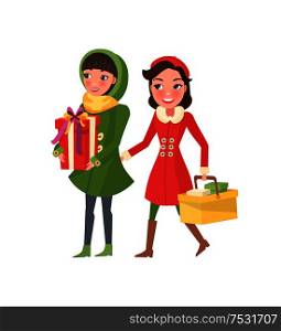 Christmas holidays, preparation of women shopping vector. Female friends walking together, girlfriends bought presents decorated with ribbons bows. Christmas Holidays, Preparation of Women Shopping