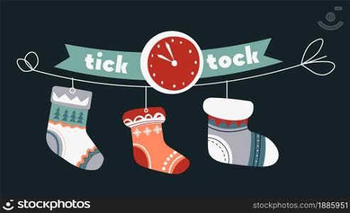 Christmas holidays preparations for celebration. Knitted socks on thread and clock tick tock. Waiting for new year, festive mood in winter season. Wintertime traditions, vector in flat style. Tick tock Christmas holidays celebration, clock and socks