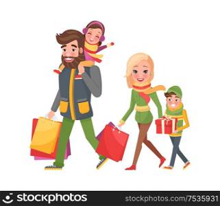 Christmas holidays shopping, happy family together vector. Couple husband and wife with children, carrying purchased items in bags on winter xmas. Christmas Holidays Shopping, Happy Family Together