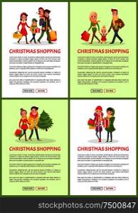 Christmas holidays shopping of family and friends vector. Woman strolling and buying presents, children with parents and bought paper packages gifts. Christmas Holidays Shopping of Family and Friends