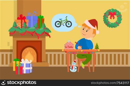 Christmas holidays small boy writing letter to Santa Claus vector. Fireplace with presents and gifts, kid wishing for bicycle, wreath decoration of home. Christmas Holidays Boy Writing Letter to Santa