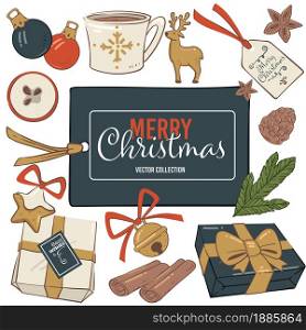 Christmas holidays symbolic elements, presents with bow, decorative bells and wishes on paper. Cup of tea or coffee, mistletoe leaves, gingerbread cookies and bauble for decor. Vector in flat. Merry Christmas winter holidays celebration symbols and traditions