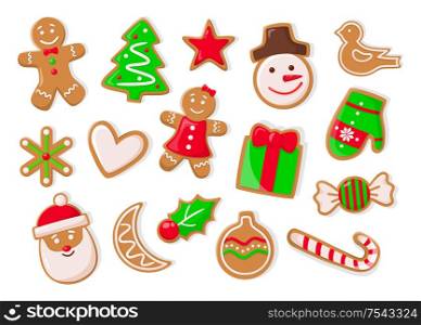 Christmas holidays symbolic isolated icons of gingerbread cookies vector. Snowman and pine tree evergreen spruce, heart and candy lollipop stick mistletoe. Christmas Holidays Symbolic Gingerbread Cookies