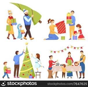 Christmas holidays vector, isolated characters preparing for New Year celebration. Family buying pine tree, man with kids decorating spruce. Father and mother with kid packing presents and cooking. Christmas Holiday Preparation and Celebration