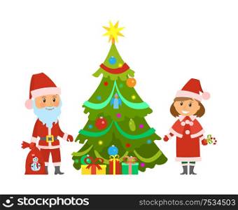 Christmas holidays, winter characters Santa Claus and Snow Maiden vector. Evergreen pine decorated with baubles shiny garland. Father Frost with bag. Christmas Holidays, Characters Santa and Maiden