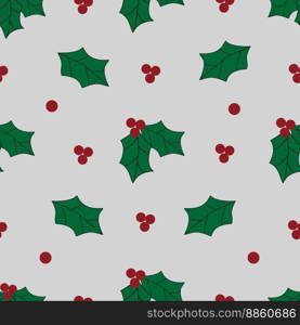 Christmas Holly berry seamless pattern. Festive plants in flat cartoon style. Decoration on dark green background. Christmas, new year holiday celebration symbol.