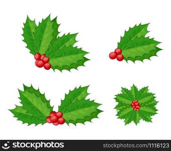 Christmas holly berry vector set for xmas composition. Decorative twigs, bunches of holly with red berries. Branch of holly with mistletoe collection. New Year Holiday Celebration Symbol.