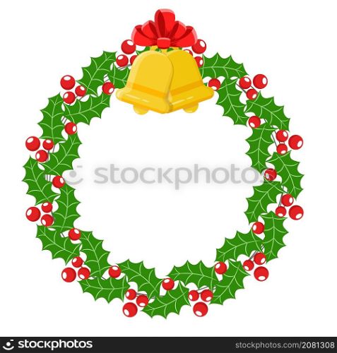 Christmas holly berry wreath round frame with gold bell and red bow for holiday greeting cards design