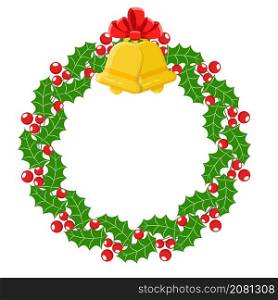 Christmas holly berry wreath round frame with gold bell and red bow for holiday greeting cards design