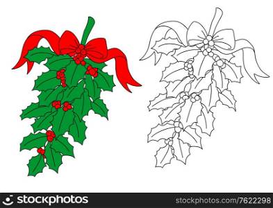 Christmas holly branch with red berries and ribbon