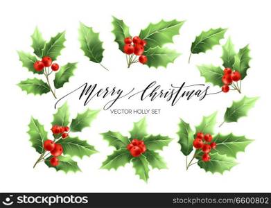 Christmas holly branches realistic illustrations set. Green holly twigs with red berries. Merry Christmas hand drawn lettering. Holiday decorative plant. Poster design elements. Isolated vector. Christmas holly branches realistic illustrations set