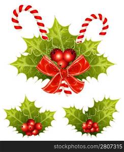 Christmas holly with candy canes and red bow. vector illustration