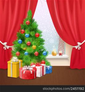 Christmas home decoration with gift boxes under pine tree and snowfall outside window realistic vector Illustration. Christmas Home Composition