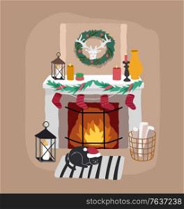 Christmas home decorations with pets. Scandinavian interior with cute cat and dog dressed in Christmas costumes. Cozy Winter holiday season. Illustration and New year typography in Hygge style. Christmas home decorations with pets. Scandinavian interior with cute cat and dog dressed in Christmas costumes. Cozy Winter holiday season. Illustration and New year typography in Hygge