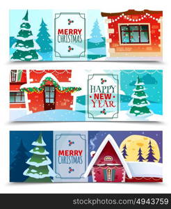 Christmas Horizontal Banners. Christmas horizontal banners set of colorful paper cards with merry christmas greeting and happy new year wishing vector illustration