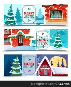 Christmas horizontal banners set of colorful paper cards with merry christmas greeting and happy new year wishing vector illustration. Christmas Horizontal Banners