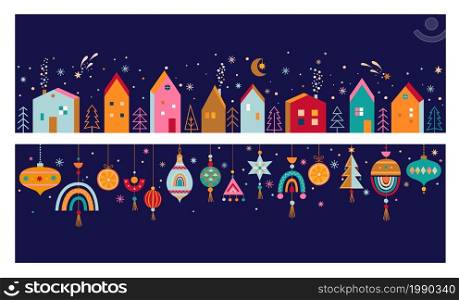 Christmas horizontal banners with hand drawn isolated houses under the snow and christmas balls in Scandinavian style.Xmas cozy decor elements.Template for print, design,web,print.Vector illustration.. Christmas horizontal banners.
