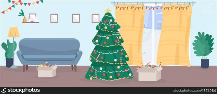 Christmas house semi flat vector illustration. New Year eve in household. Christmas tree for family decoration. Winter holiday. Toys and garland. Festive 2D cartoon interior for commercial use. Christmas house semi flat vector illustration