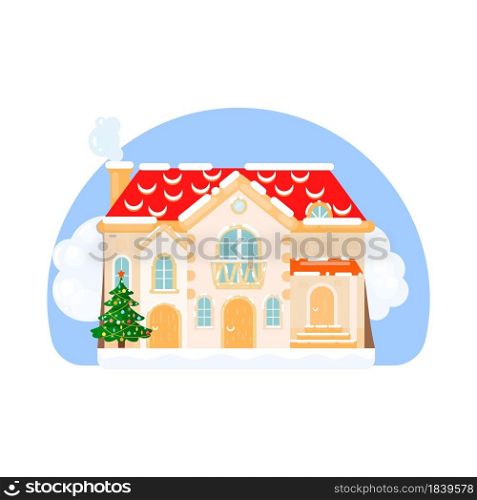 Christmas House with Xmas Tree and Snow Template. Vector New Year Winter Scene in Flat Style. Winter Holiday Greeting Card Template.. Christmas House with Xmas Tree and Snow Template. New Year Winter Scene in Flat Style. Winter Holiday Greeting Card Template. Vector Illustration.
