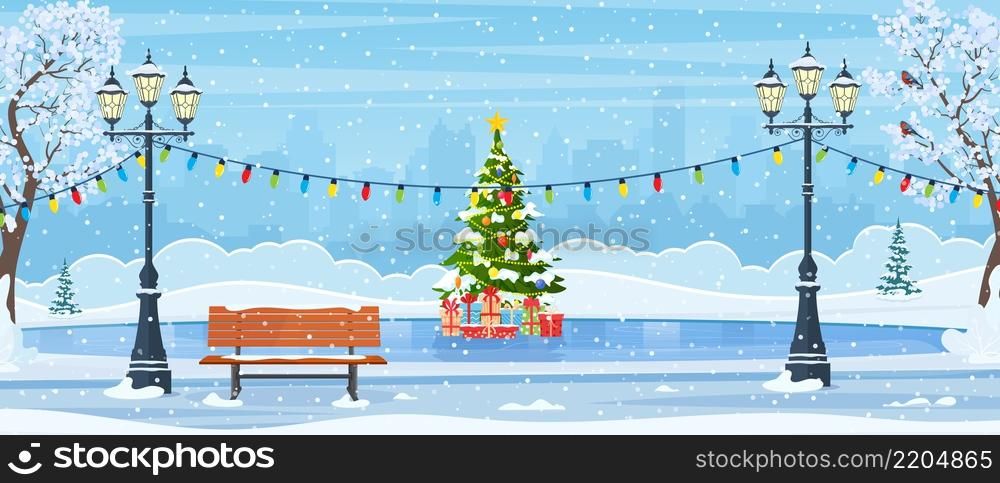 Christmas ice rink with fir tree decorated with illumination. Empty public place in park for skating. cartoon frozen landscape. Winter day park scene. Vector illustration in flat style. Empty outdoor ice rink