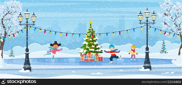 Christmas ice rink with fir tree decorated with illumination. Winter scene with skating children. cartoon frozen landscape. Winter day park scene. Vector illustration in flat style. Empty outdoor ice rink
