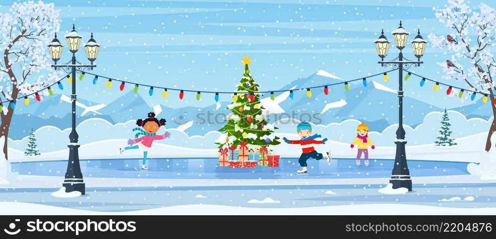 Christmas ice rink with fir tree decorated with illumination. Winter scene with skating children. cartoon frozen landscape with mountain. Winter day park scene. Vector illustration in flat style. Empty outdoor ice rink
