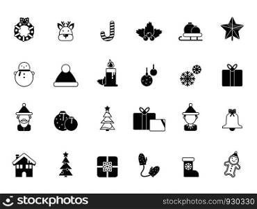 Christmas icons. Bells santa elf celebration gifts green tree candied december winter season items and vector symbols. Illustration of monochrome xmas candle and reindeer, snowman and christmas. Christmas icons. Bells and santa, elf and celebration gifts, green tree and candied december winter season items and vector symbols