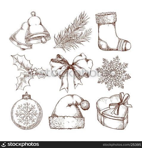 Christmas icons hand drawn sketch set. Isolated retro holidays object, symbol, element