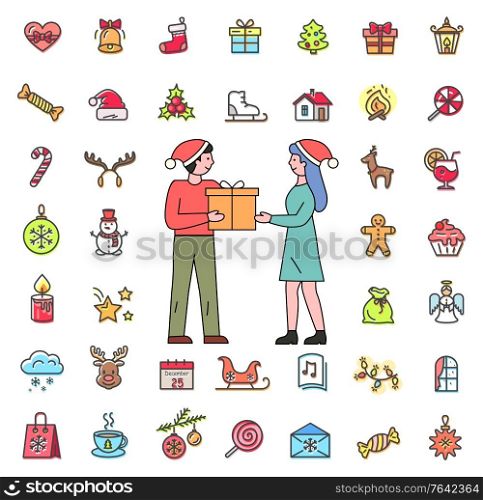 Christmas icons set in flat style vector. People exchanging gifts on winter holidays. Man and woman surrounded by baubles and candies, snowman and santa hat. Bell and presents, stars and note. People Exchanging Gifts and Christmas Icons Set