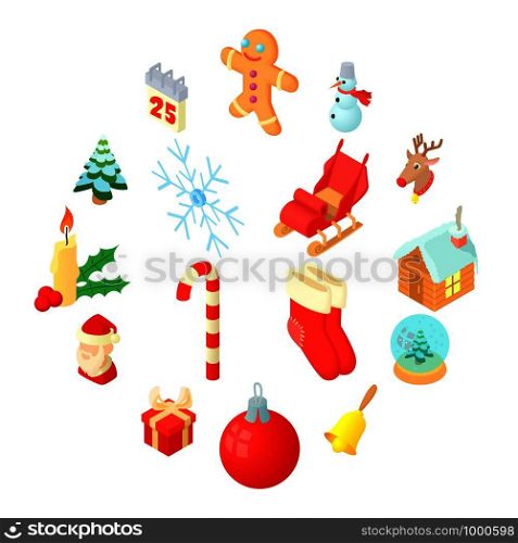 Christmas icons set in isometric 3d style. Holiday elements set collection vector illustration. Christmas icons set, isometric 3d style