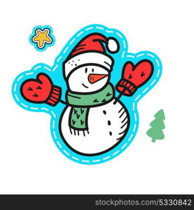 Christmas illustration hand drawn. Snowman in mittens and cap.