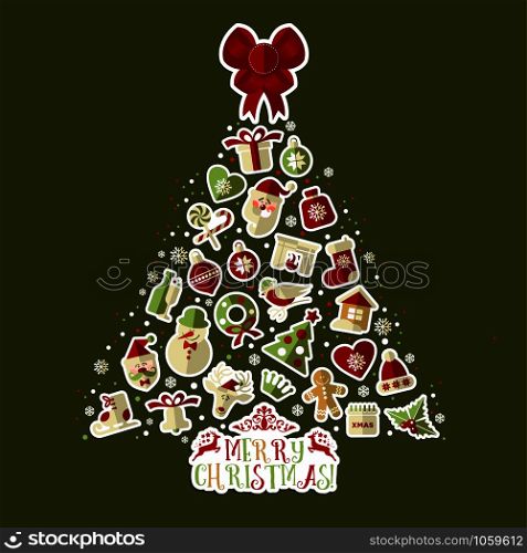 Christmas illustration of tree with stickers. Vector set of icons.. Christmas illustration of tree with stickers.