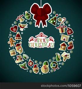 Christmas illustration of wreath with stickers. Vector set of icons.. Christmas illustration of wreath with stickers.