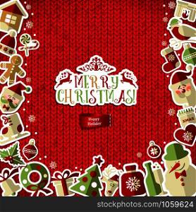 Christmas illustration on red knitting texture. Vector set of icons.. Christmas illustration on red knitting texture.
